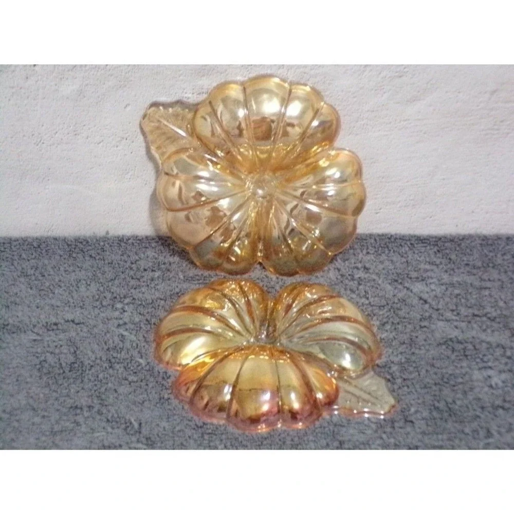 Vintage Amber Iridescent Carnival Glass 3 Part Flower Candy Dish Set‎ of 2